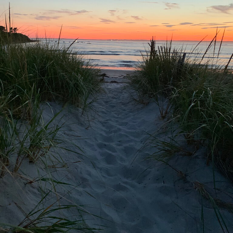 Ocean sunset viewed through a path and grass and dunes